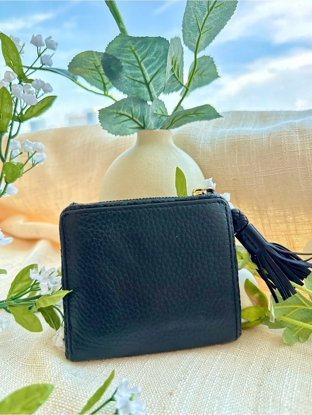 Tory Burch Taylor Mini Bifold Wallet Black Pebbled Leather Tassel